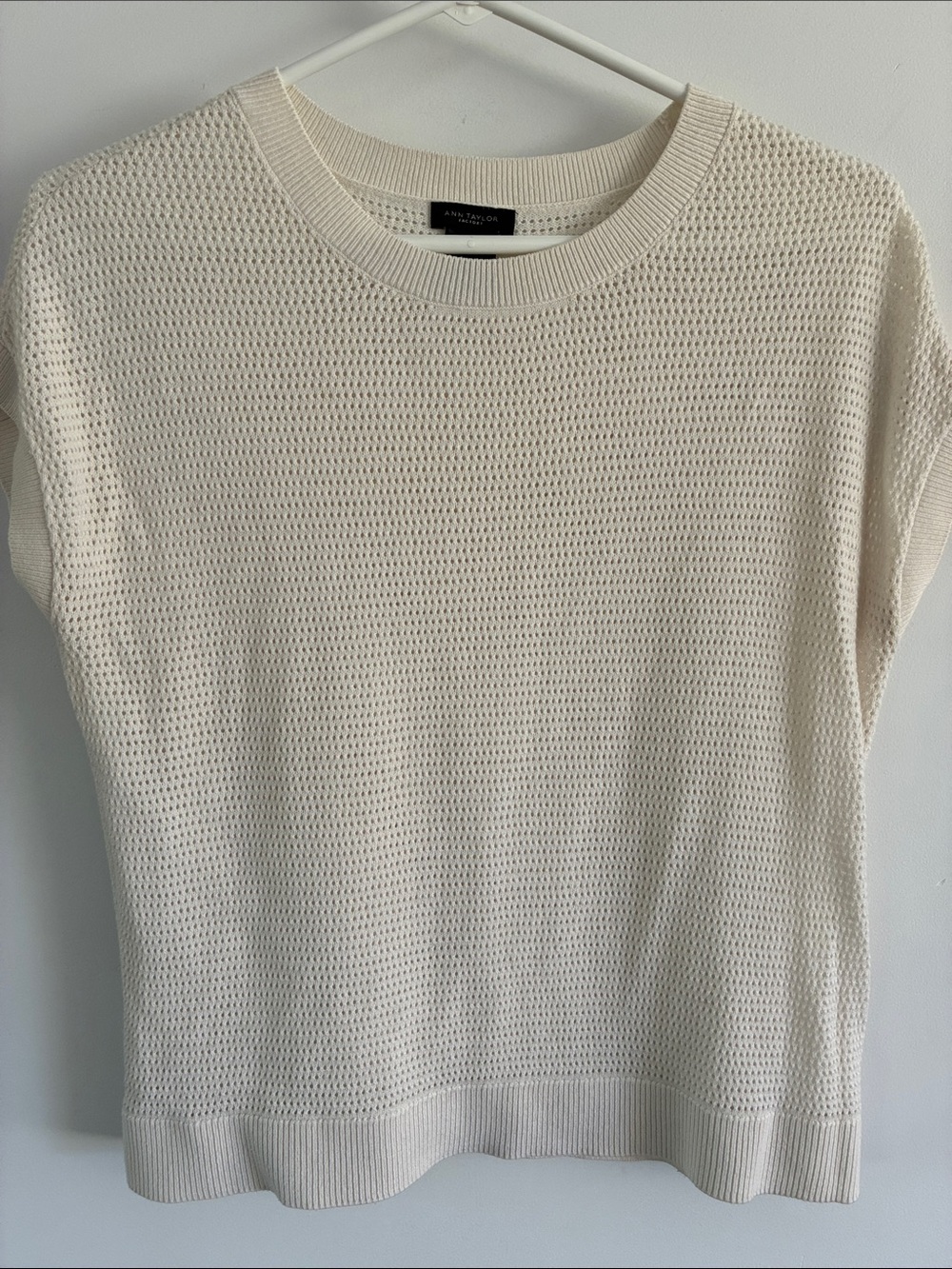 Ann Taylor Ivory Waffle-Knit Short Sleeve Sweater mesh open weave vest tank